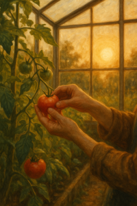Hands harvesting the last ripe tomato in golden light