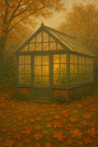 Cozy whimsical greenhouse glowing with warm light