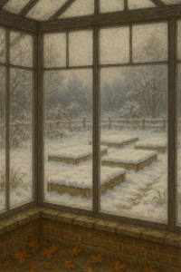 Looking out from a warm greenhouse to snow-covered raised beds